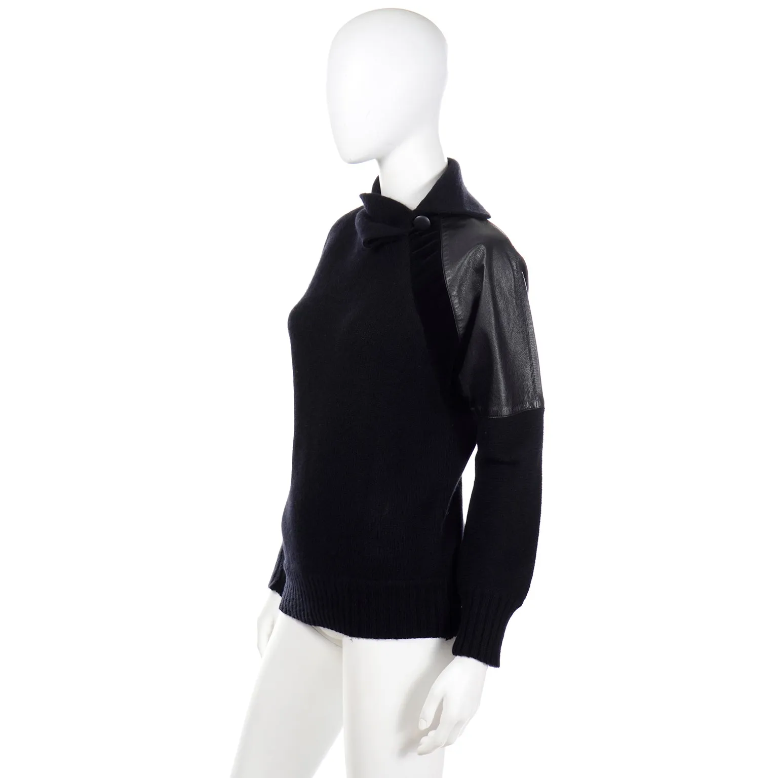 1980s Gianfranco Ferre Vintage Black Wool Sweater Top w Leather Trim