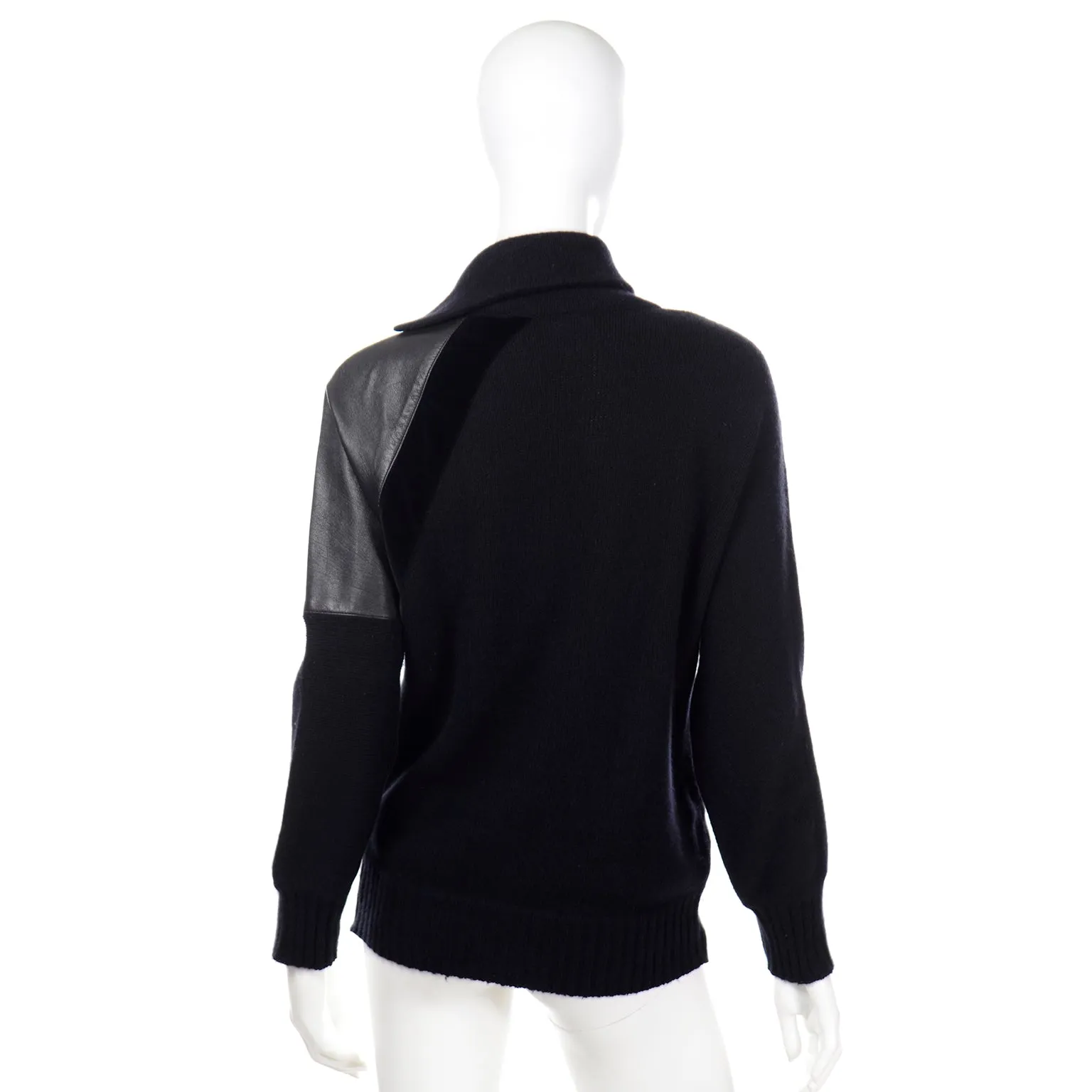 1980s Gianfranco Ferre Vintage Black Wool Sweater Top w Leather Trim
