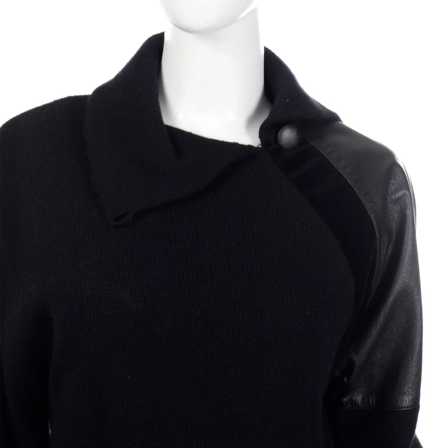 1980s Gianfranco Ferre Vintage Black Wool Sweater Top w Leather Trim