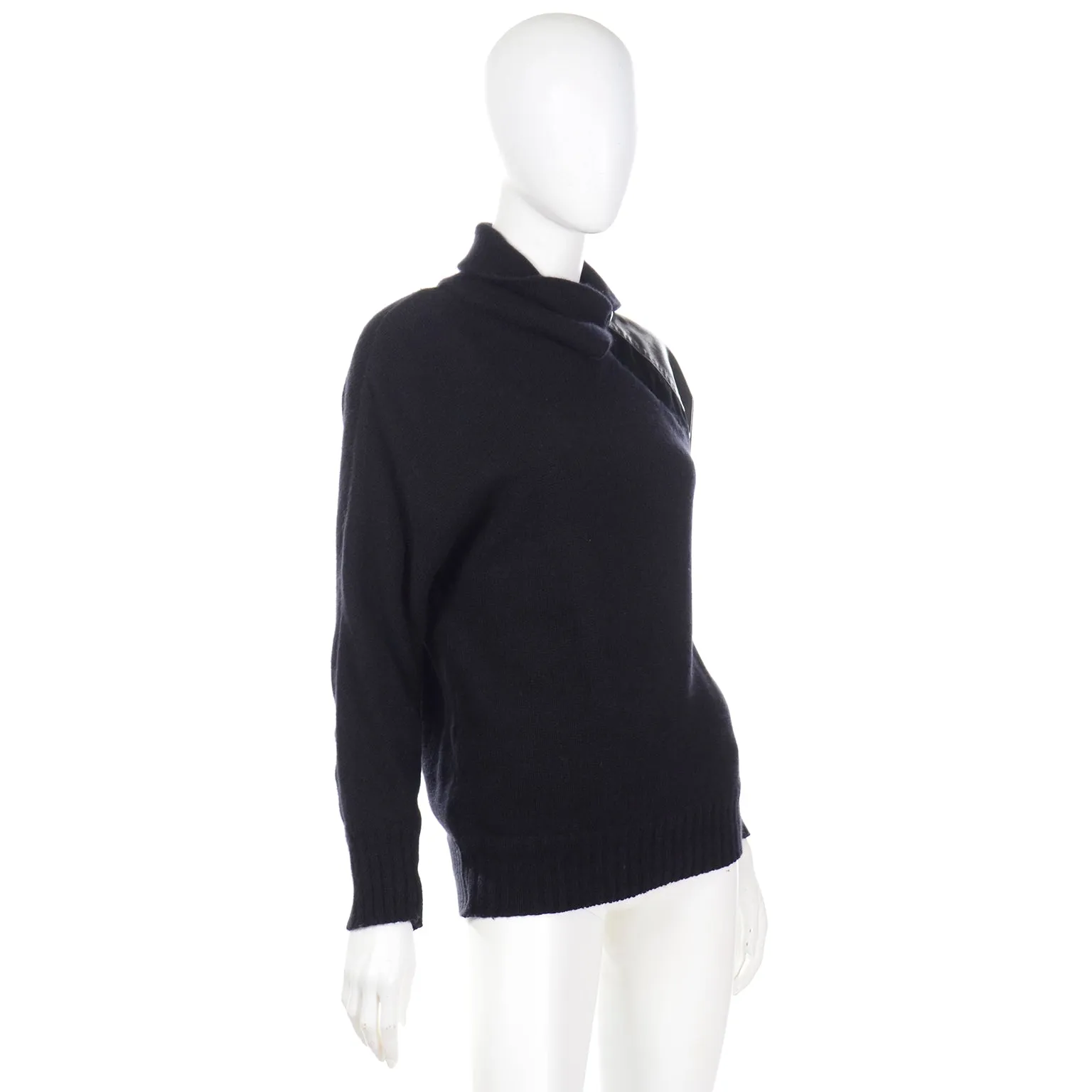 1980s Gianfranco Ferre Vintage Black Wool Sweater Top w Leather Trim