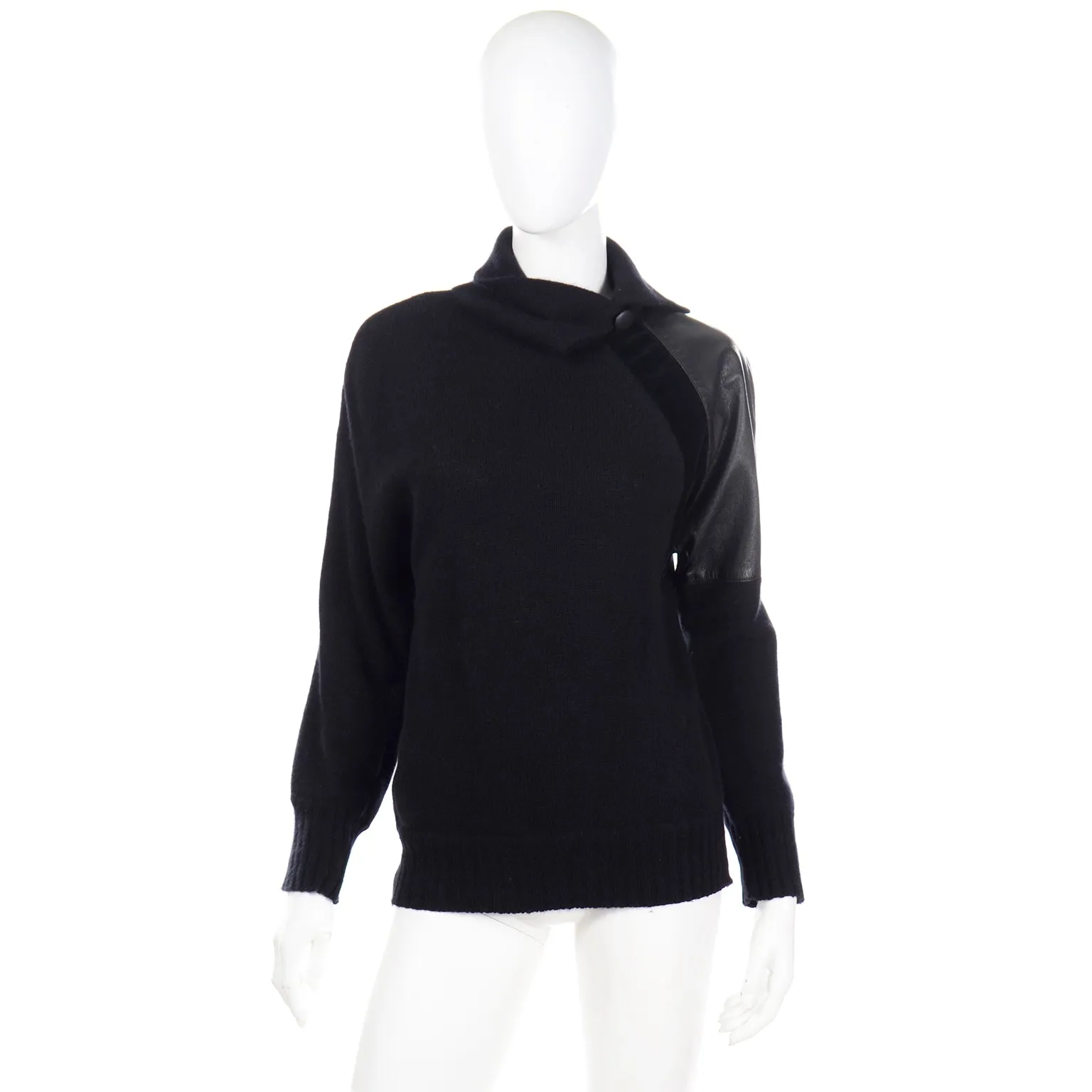 1980s Gianfranco Ferre Vintage Black Wool Sweater Top w Leather Trim