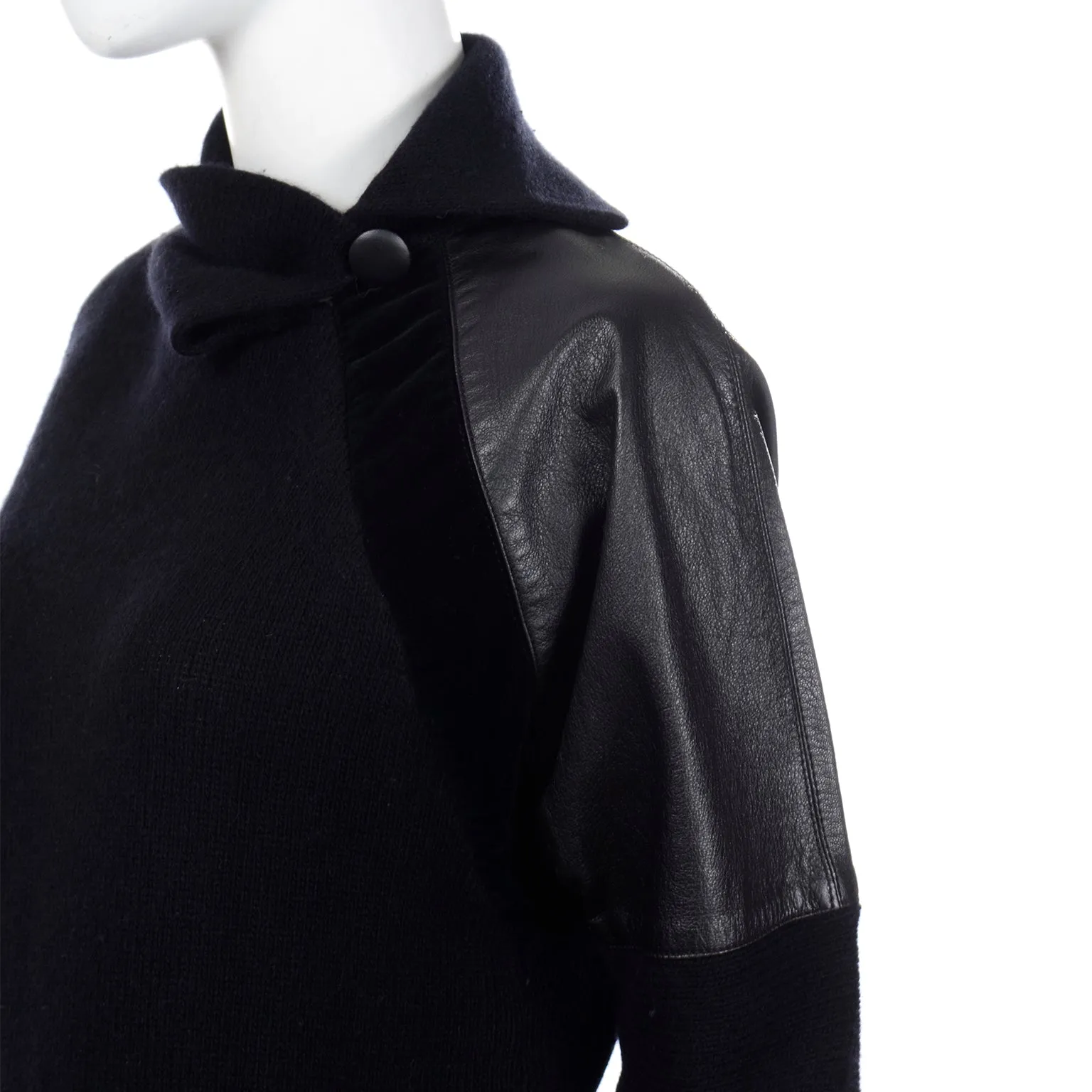 1980s Gianfranco Ferre Vintage Black Wool Sweater Top w Leather Trim