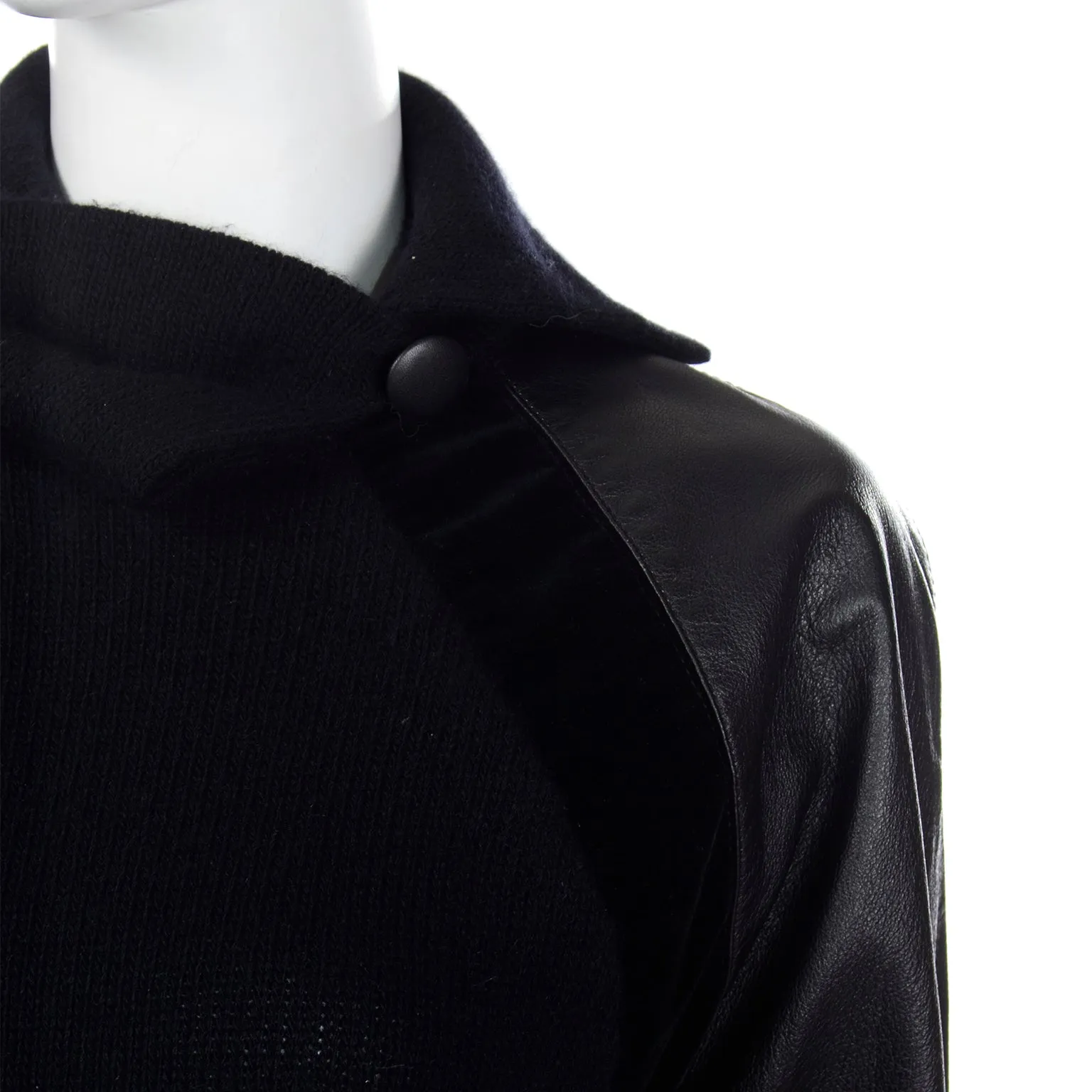 1980s Gianfranco Ferre Vintage Black Wool Sweater Top w Leather Trim