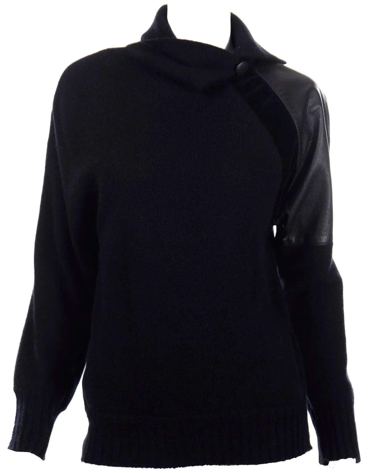 1980s Gianfranco Ferre Vintage Black Wool Sweater Top w Leather Trim