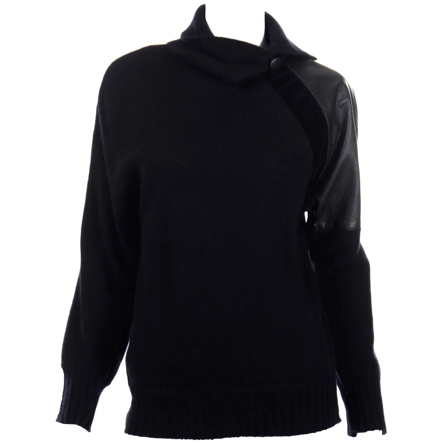 1980s Gianfranco Ferre Vintage Black Wool Sweater Top w Leather Trim