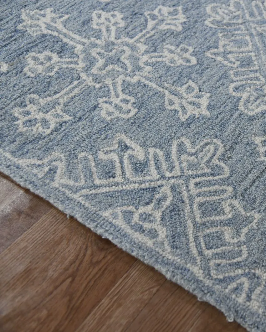 Blue Wool Geometric Pattern Hand-Tufted Rug Carpet