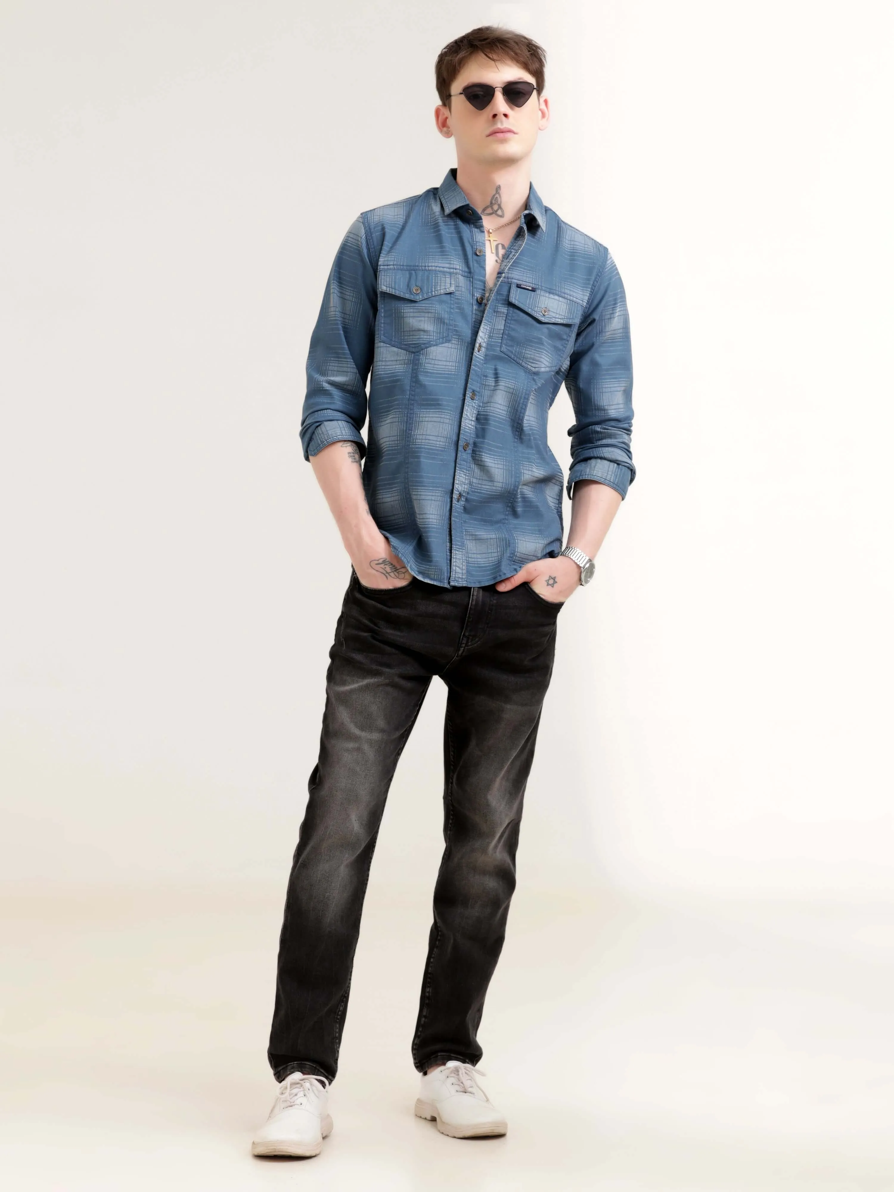 Dusky Blue Over Dyed Checks Shirt