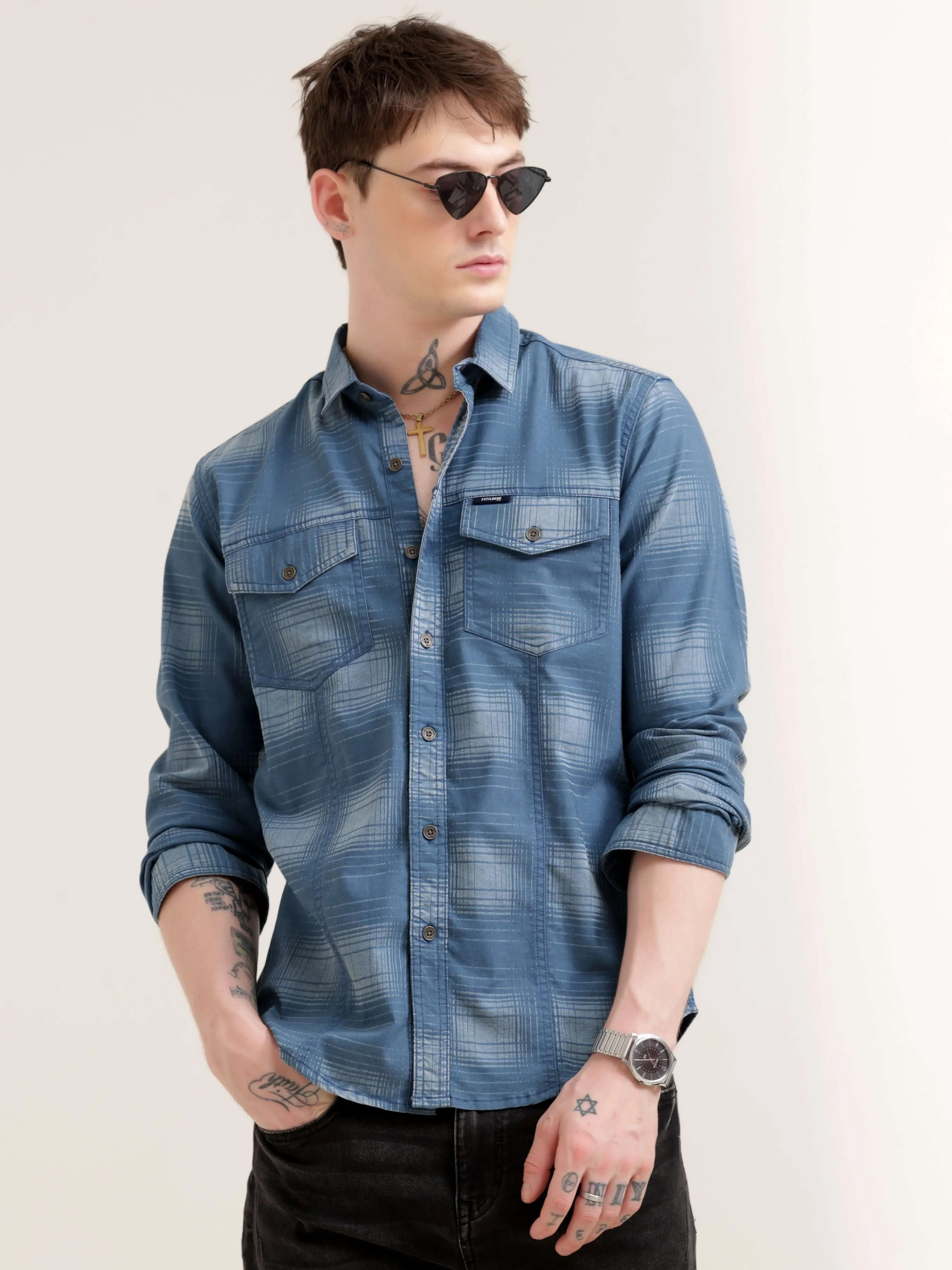 Dusky Blue Over Dyed Checks Shirt