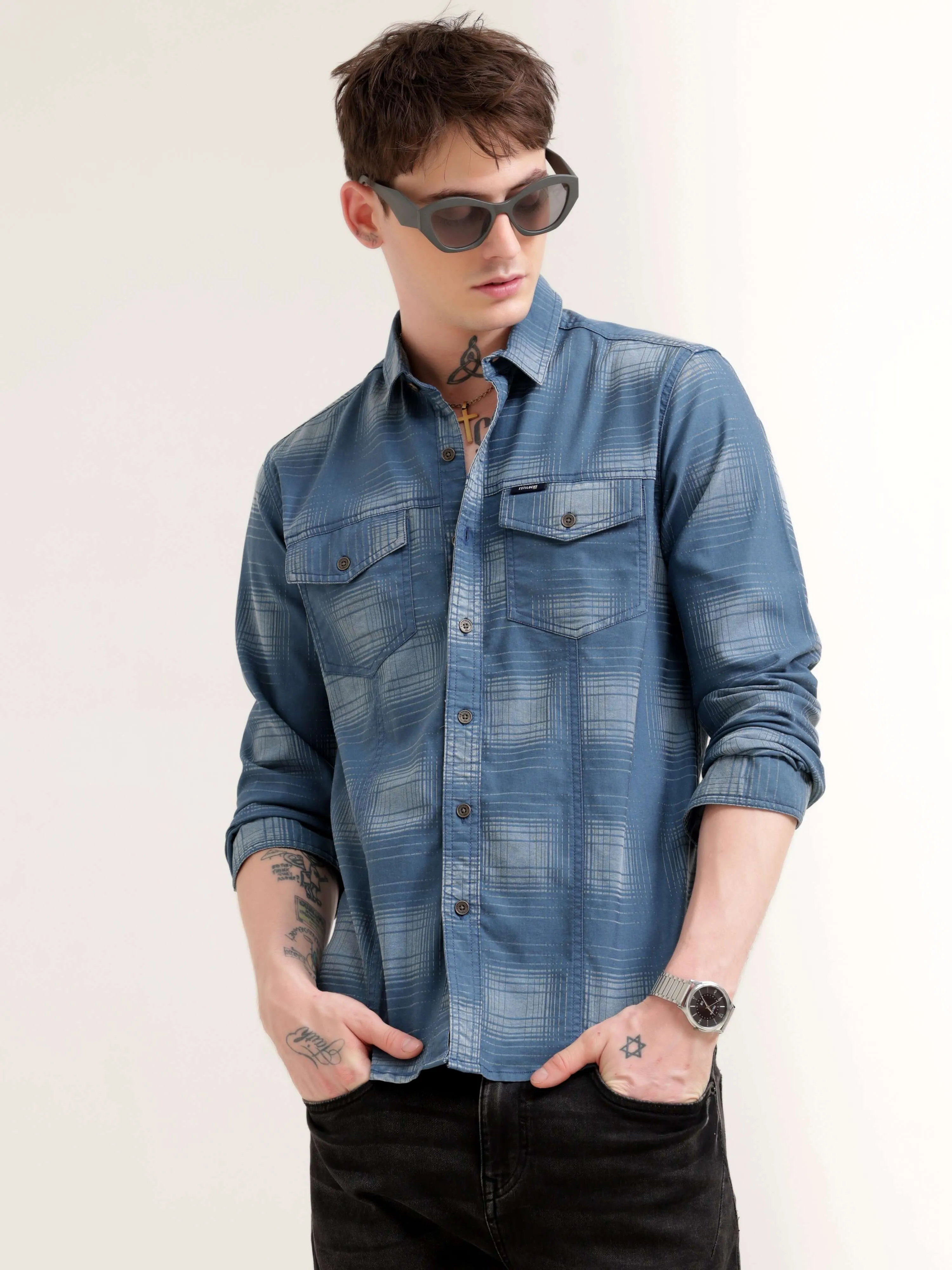 Dusky Blue Over Dyed Checks Shirt