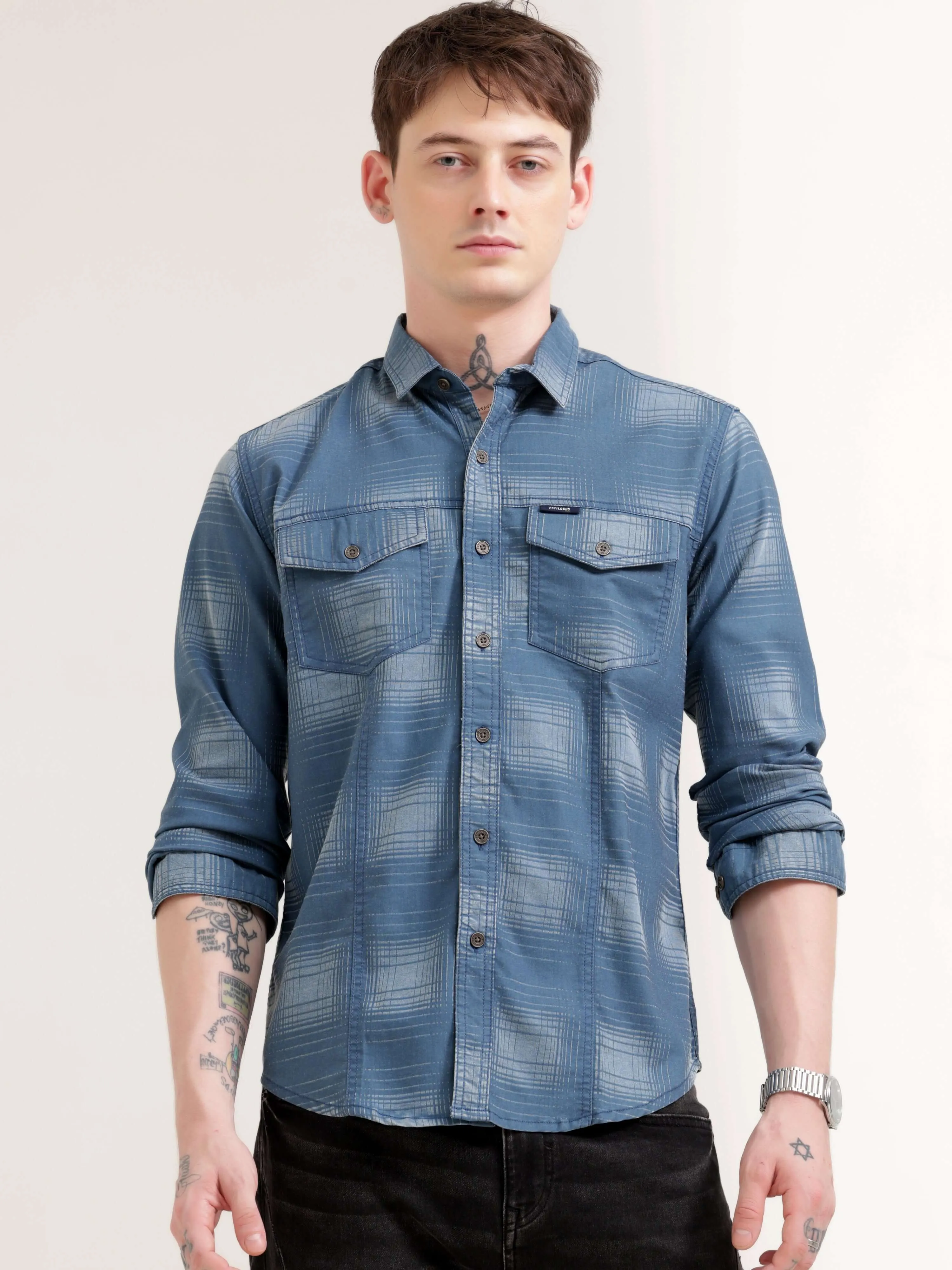 Dusky Blue Over Dyed Checks Shirt