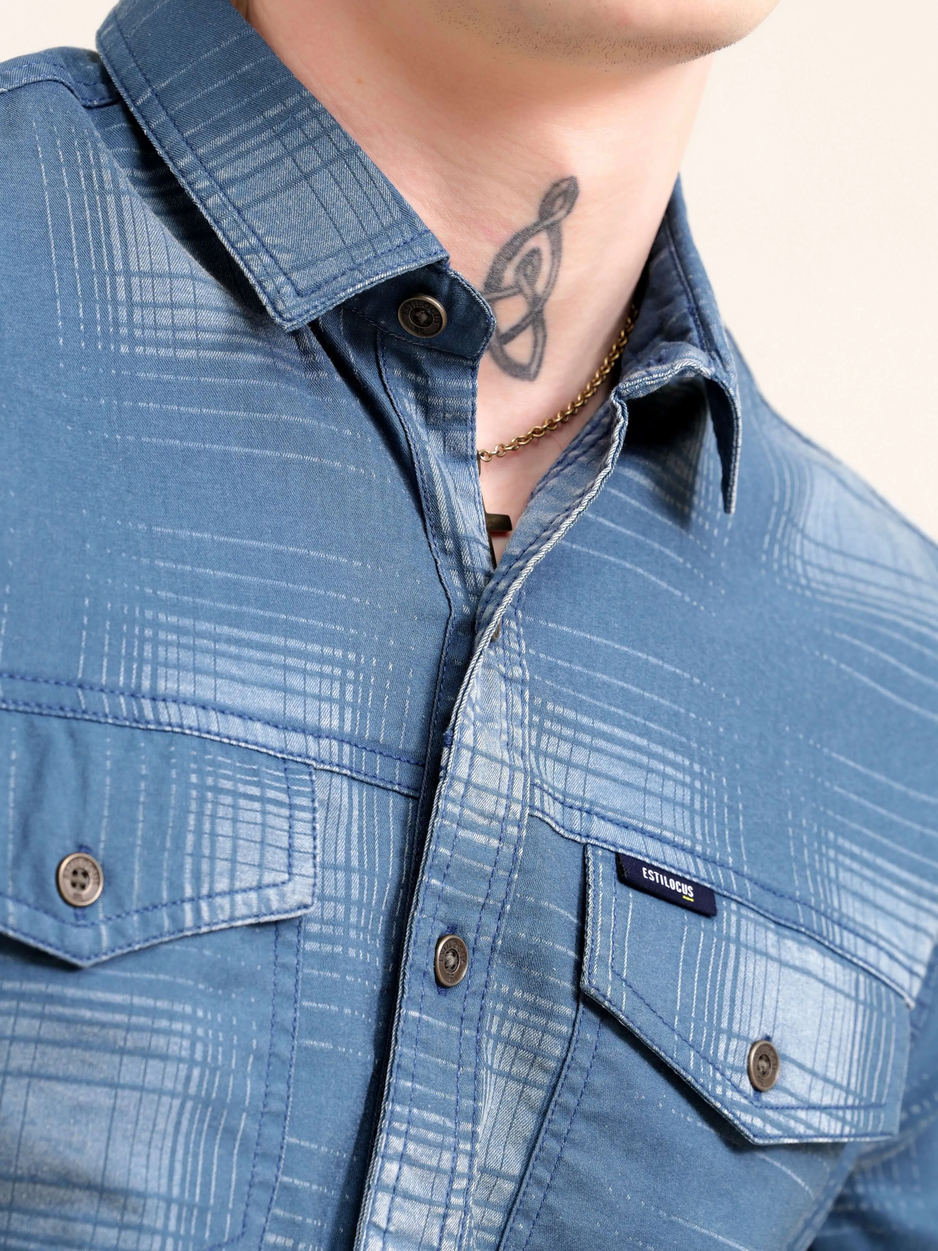 Dusky Blue Over Dyed Checks Shirt