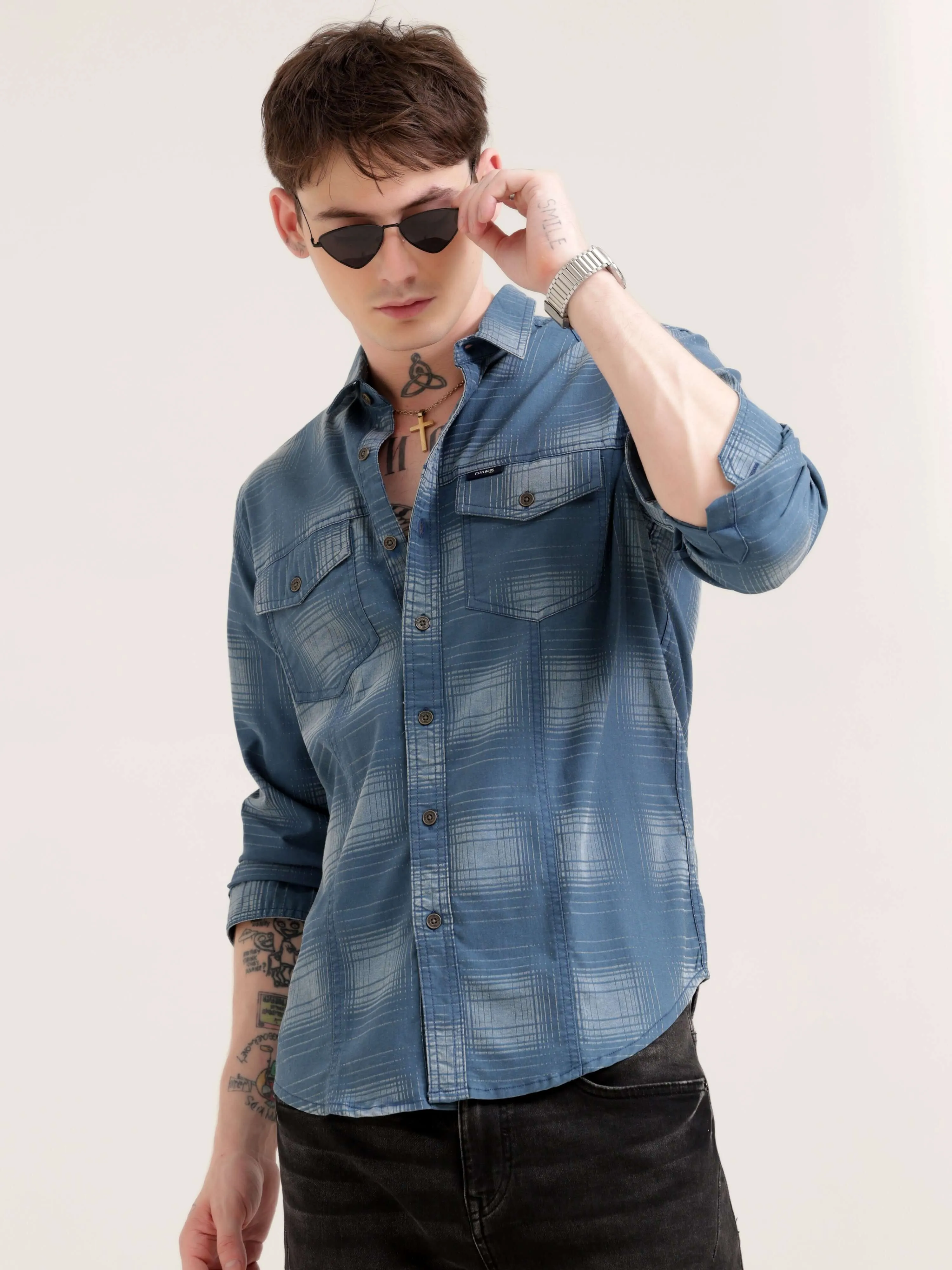 Dusky Blue Over Dyed Checks Shirt