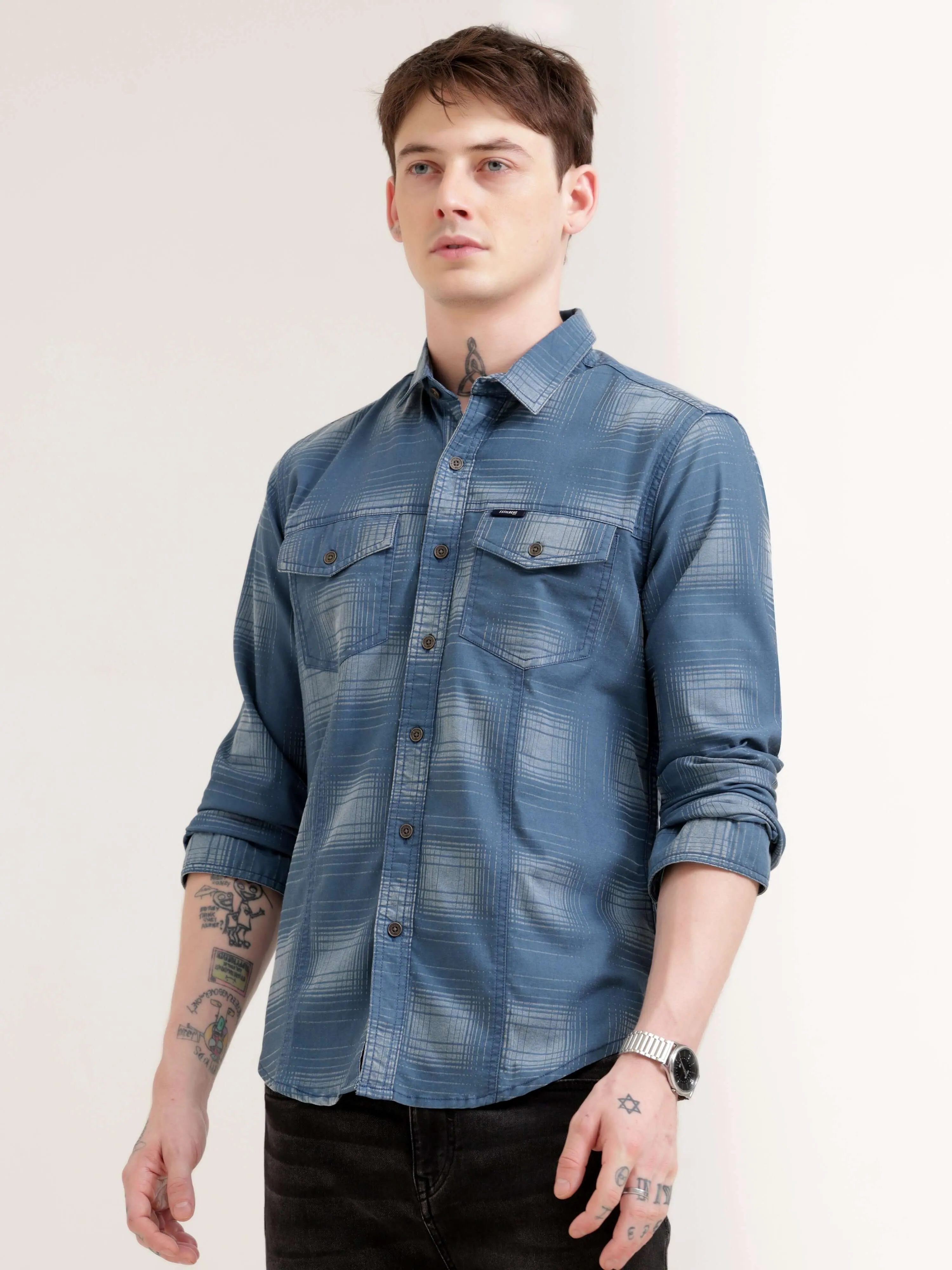 Dusky Blue Over Dyed Checks Shirt