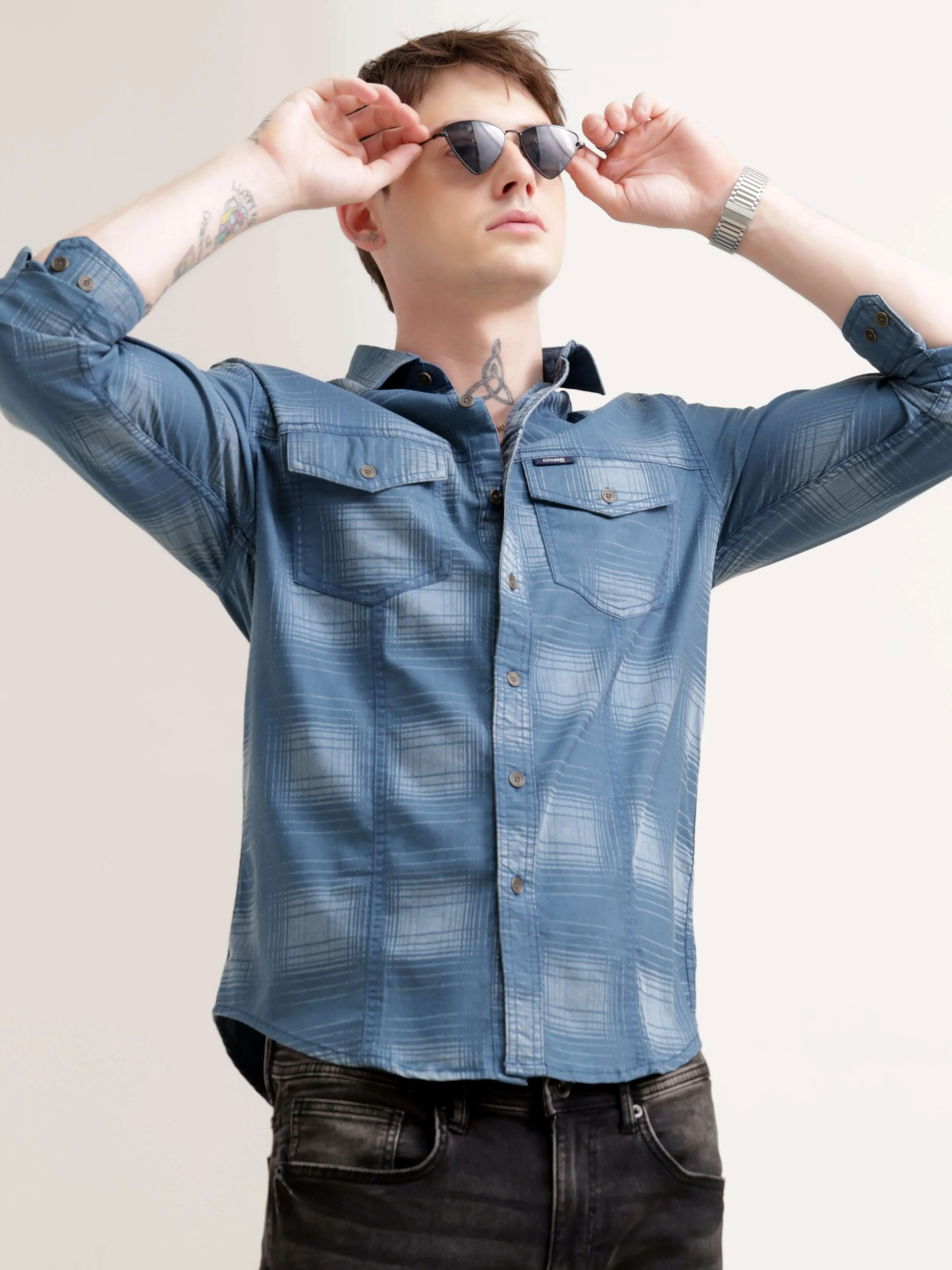Dusky Blue Over Dyed Checks Shirt