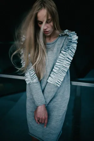 Merino Wool Dress grey with eco leather wings | VÉJA
