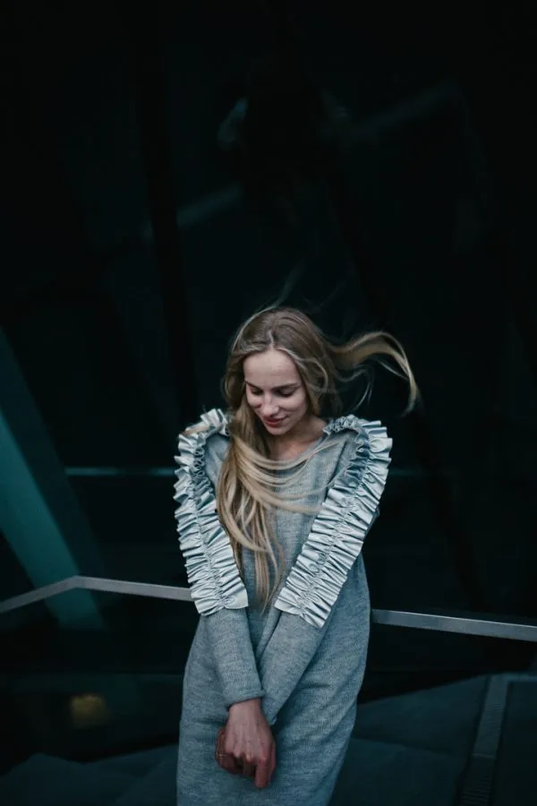 Merino Wool Dress grey with eco leather wings | VÉJA