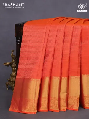 Pure kanchipuram silk saree dual shade of orange and teal blue with allover zari checked pattern and zari woven border