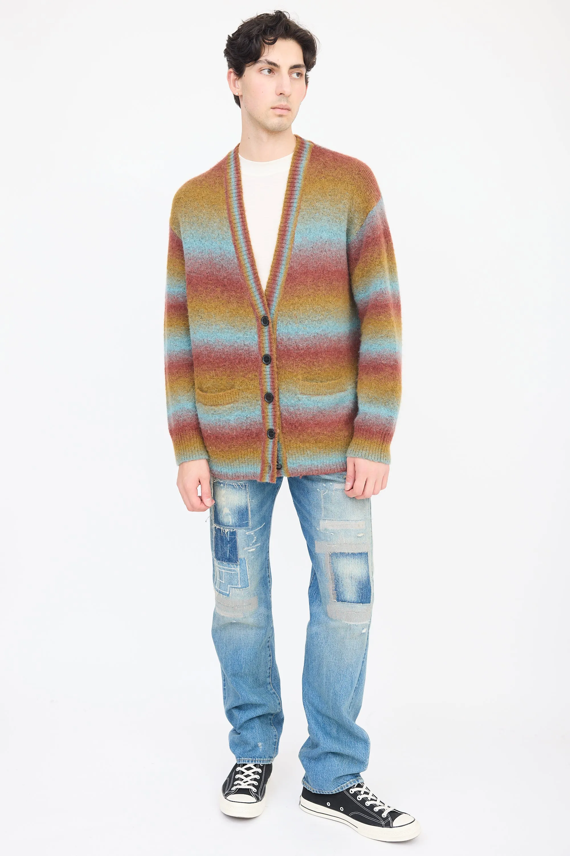 Red & Multicolour Wool Striped Cardigan