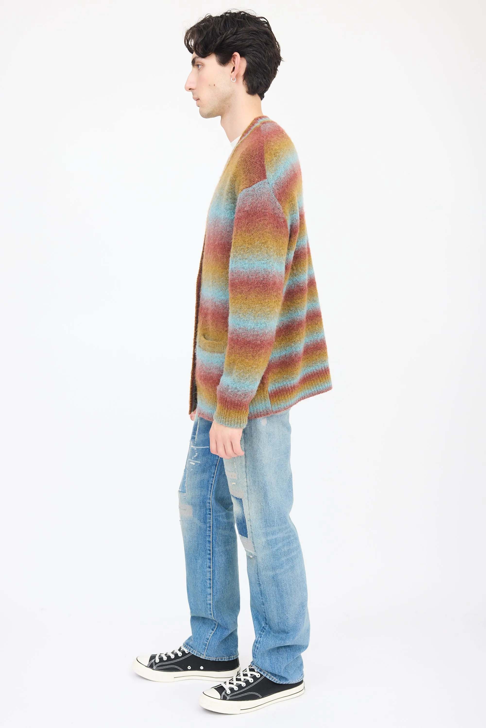 Red & Multicolour Wool Striped Cardigan