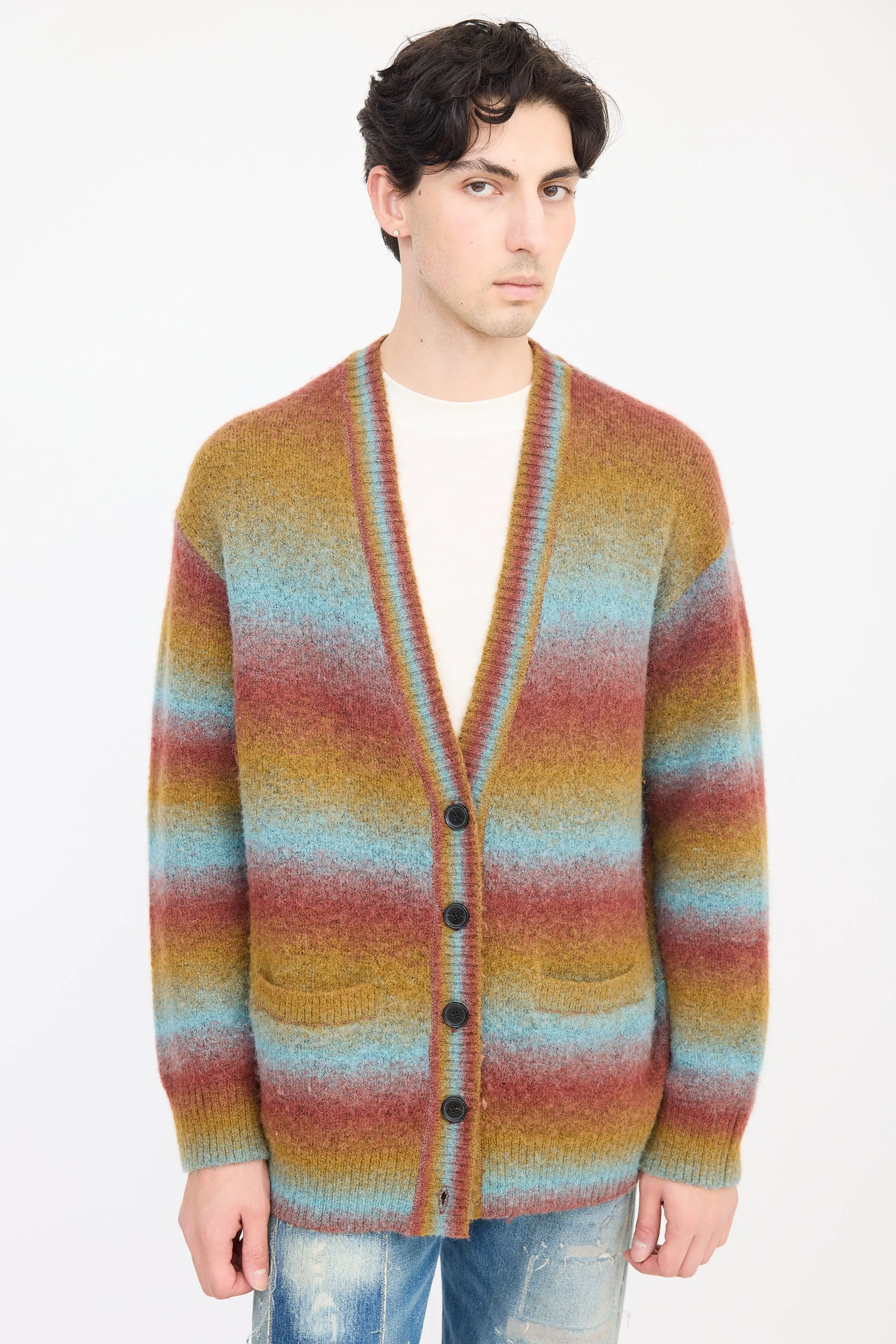 Red & Multicolour Wool Striped Cardigan