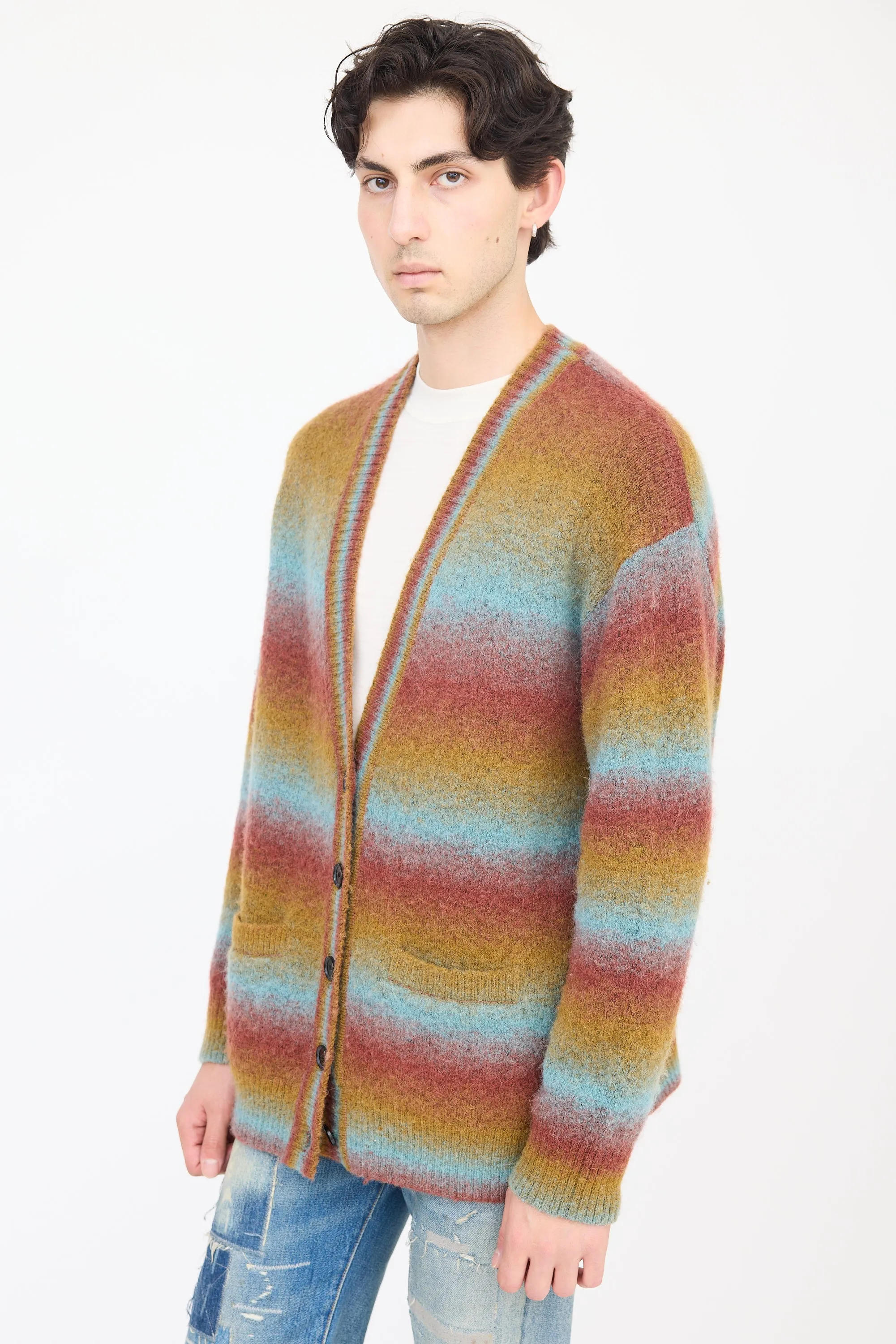 Red & Multicolour Wool Striped Cardigan