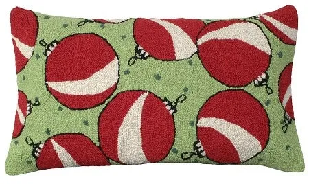Red & White Ornaments 16 x 28 Hooked Wool Pillow