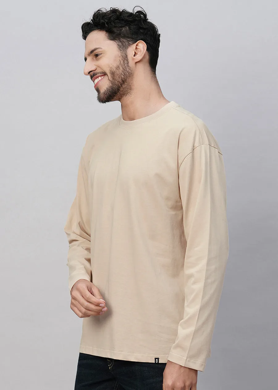 Solid Men Oversized Full Sleeve T-Shirt - Beige