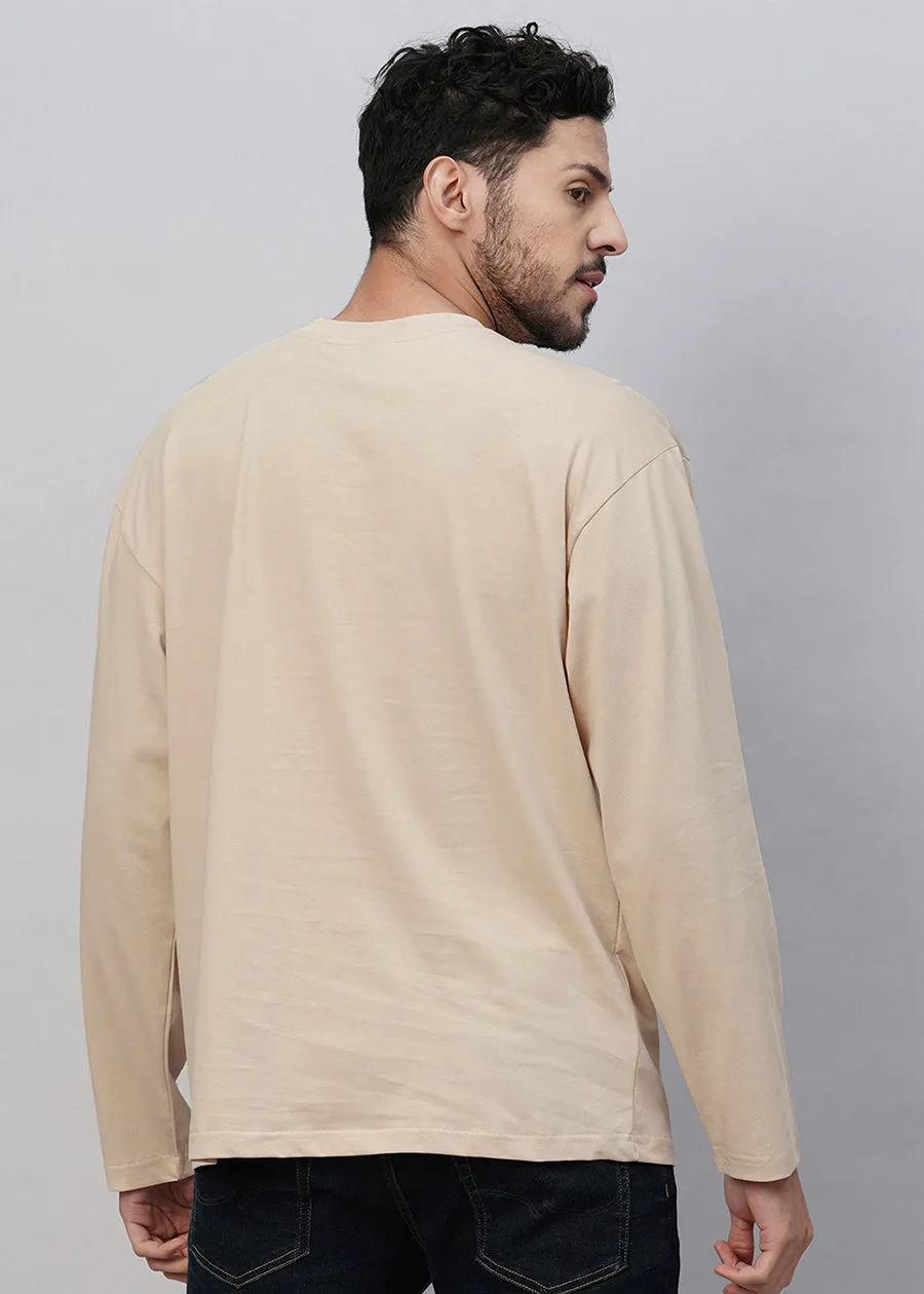 Solid Men Oversized Full Sleeve T-Shirt - Beige