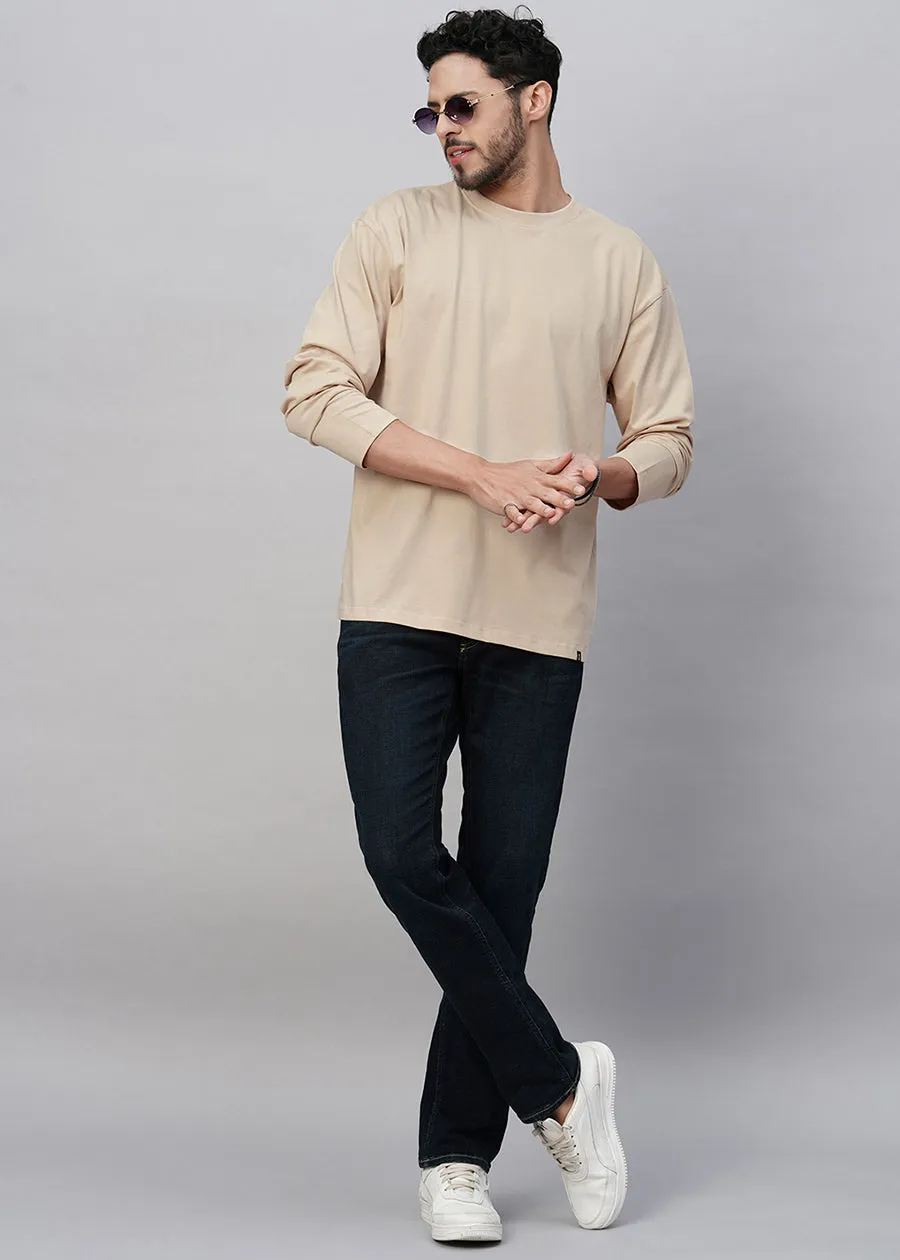 Solid Men Oversized Full Sleeve T-Shirt - Beige