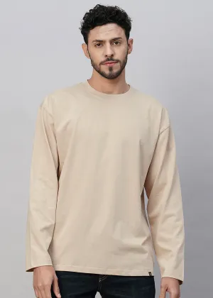Solid Men Oversized Full Sleeve T-Shirt - Beige