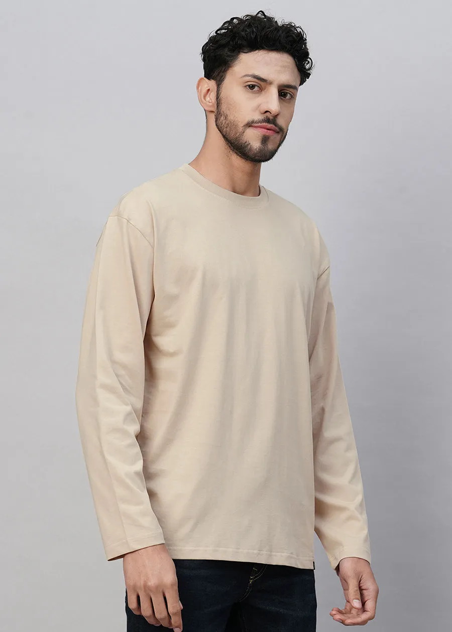 Solid Men Oversized Full Sleeve T-Shirt - Beige