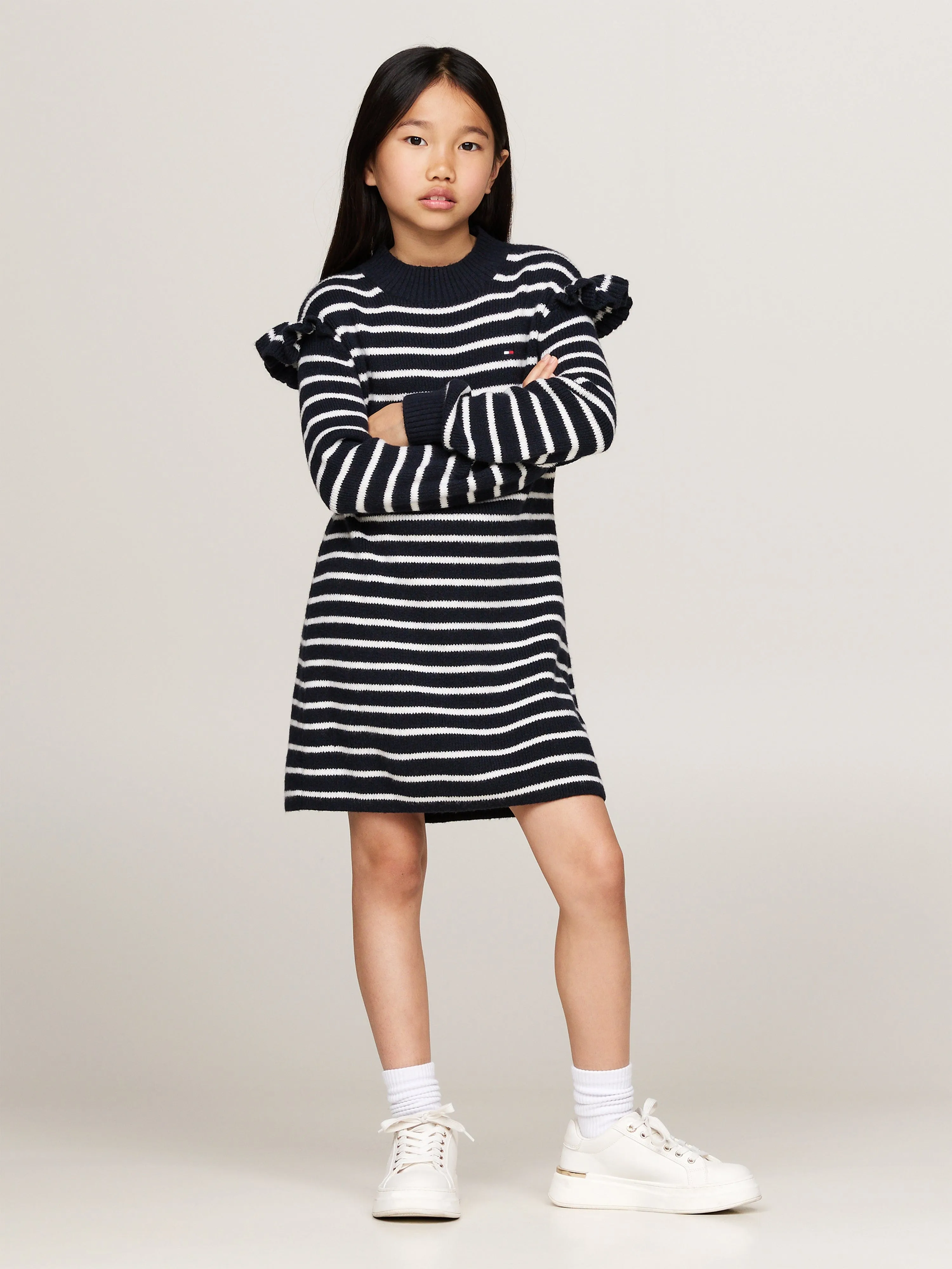 Tommy Hilfiger Girls Striped Ruffle Skater Dress in Navy