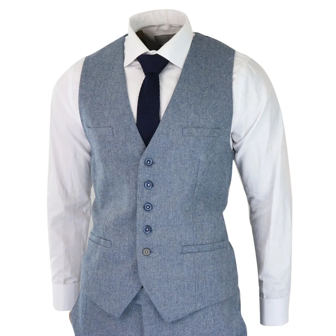 Wells - Men's 3 Piece Wool Suit Light Blue Tweed 1920s Classic 4 Pocket Waistcoat